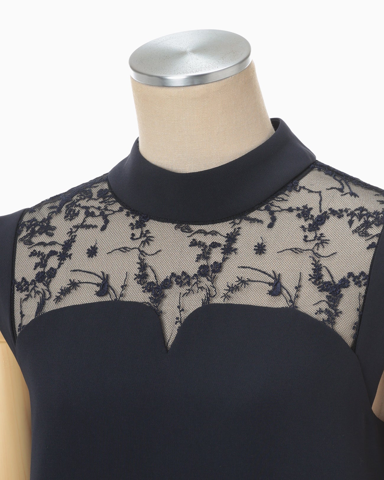 Acetate Polyester Floral Lace-Collar Sleeveless Dress - navy