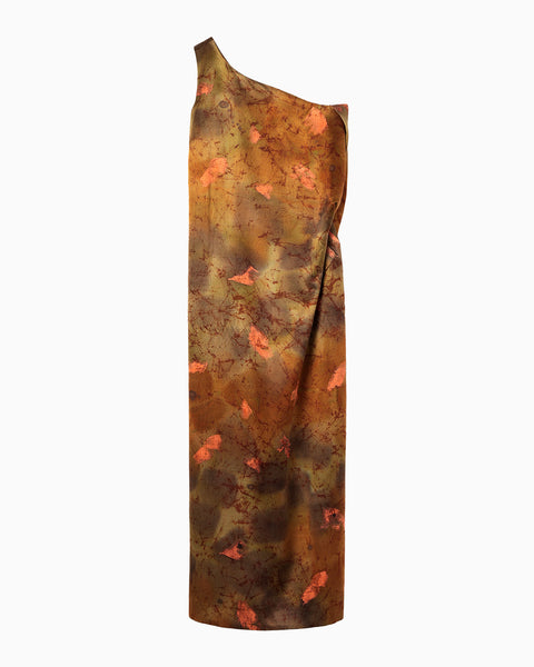 Silk Wool Satin Hand Painted One Shoulder Dress - brown