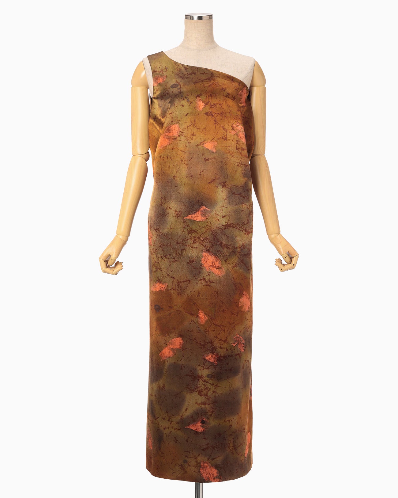 Silk Wool Satin Hand Painted One Shoulder Dress - brown