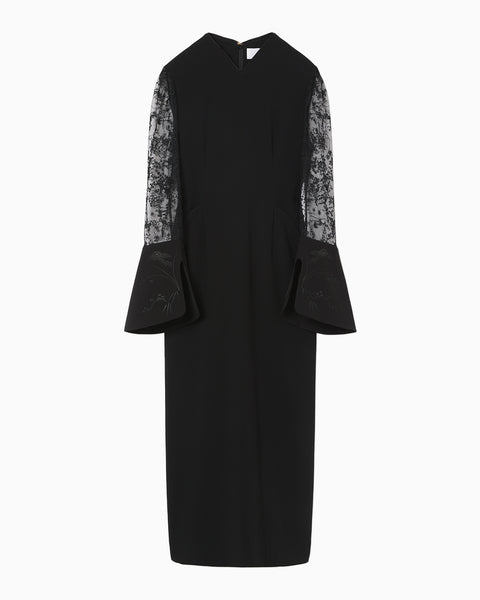 Acetate Polyester Floral Lace-Sleeve Dress - black × black