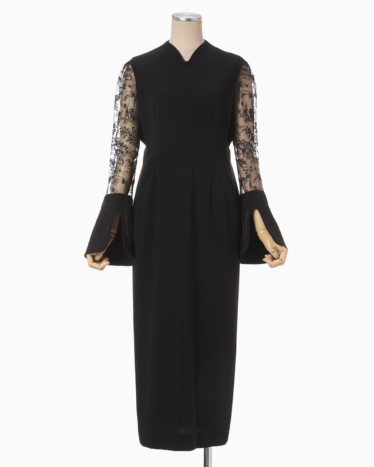 Acetate Polyester Floral Lace-Sleeve Dress - black × black