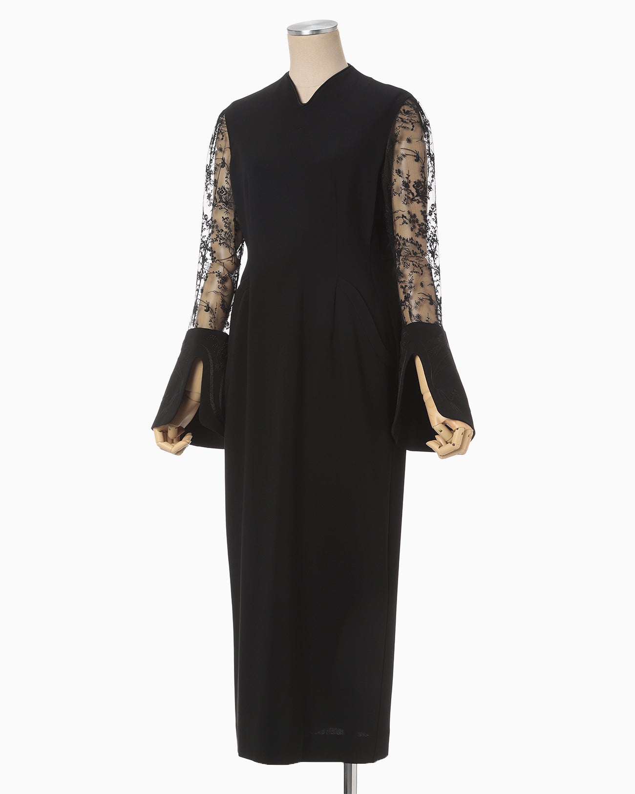 Acetate Polyester Floral Lace-Sleeve Dress - black × black