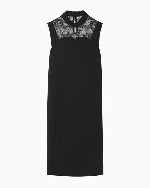 Acetate Polyester Floral Lace-Collar Sleeveless Dress - black × black