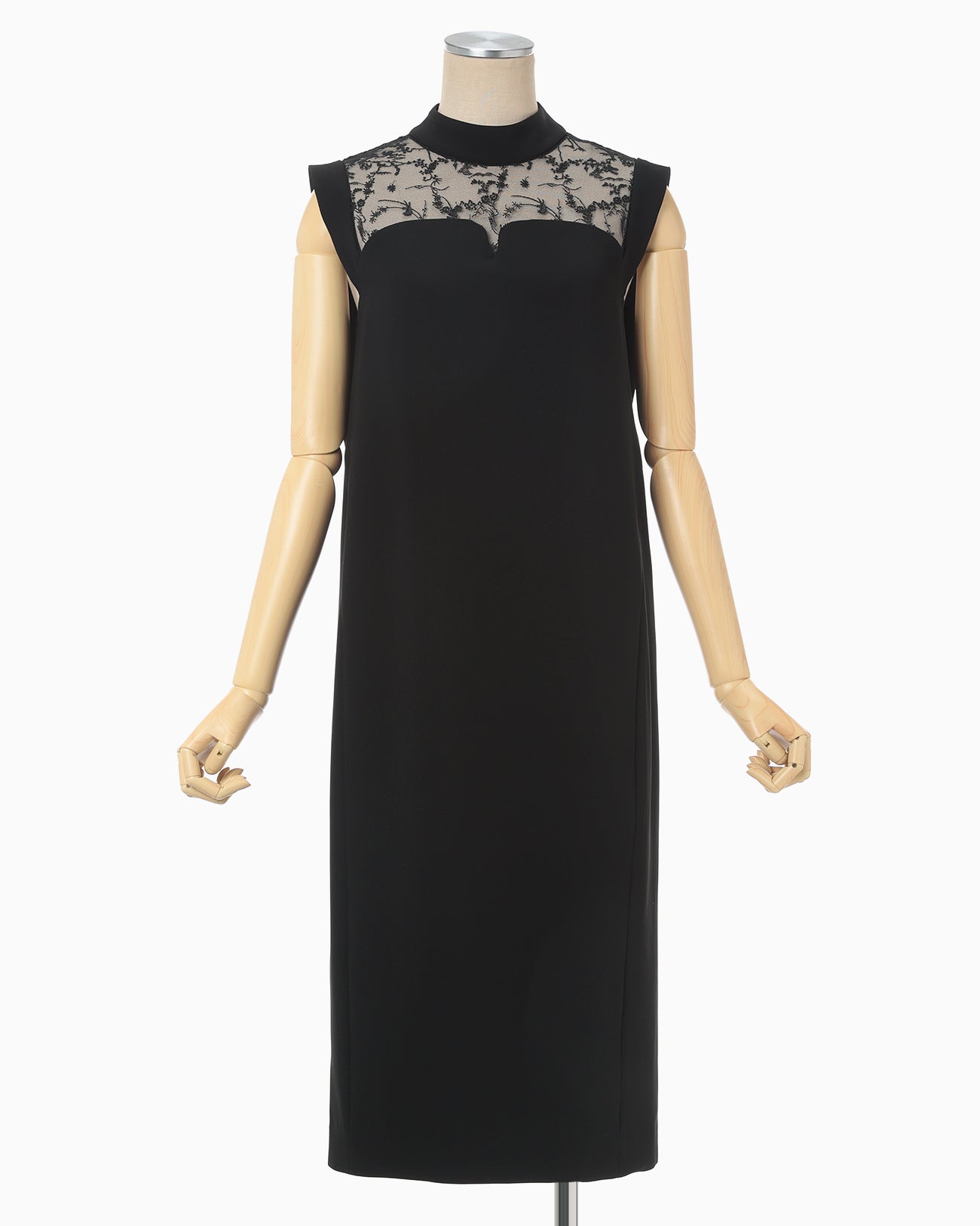 Acetate Polyester Floral Lace-Collar Sleeveless Dress - black × black