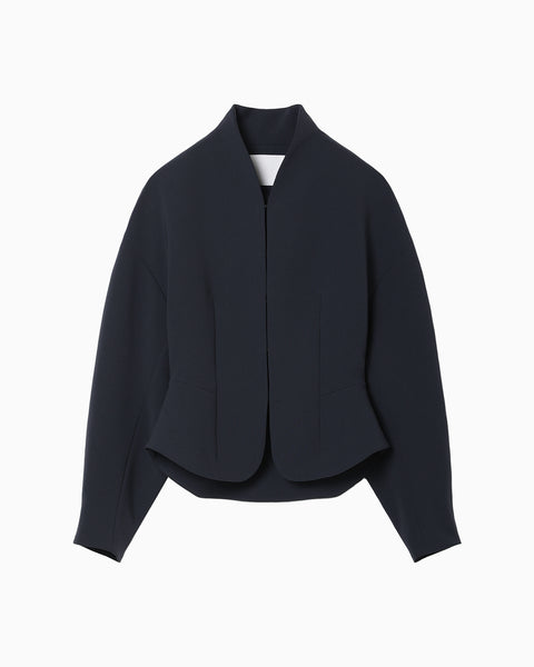 Acetate Polyester Collarless Short Jacket - navy