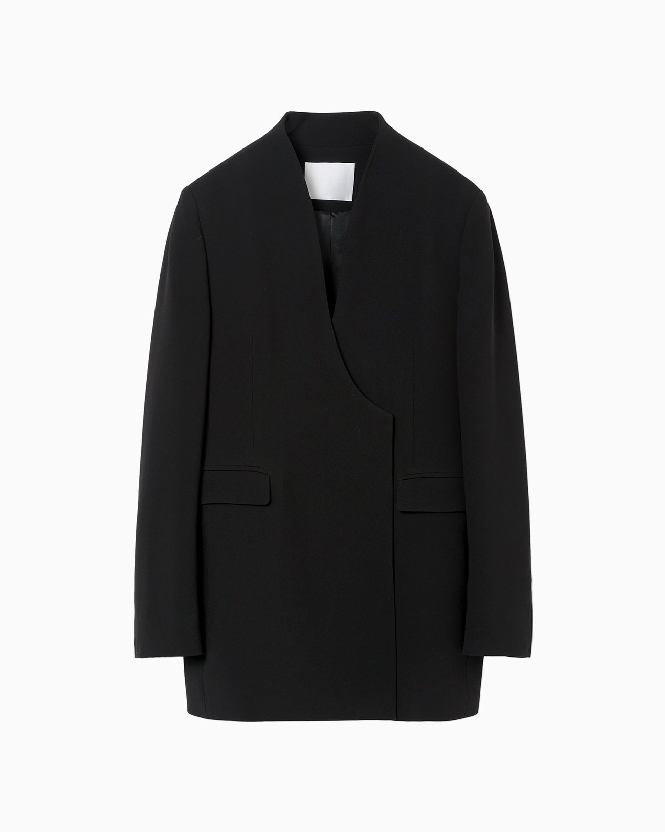 Acetate Polyester Collarless Double Breasted Suit Jacket - black