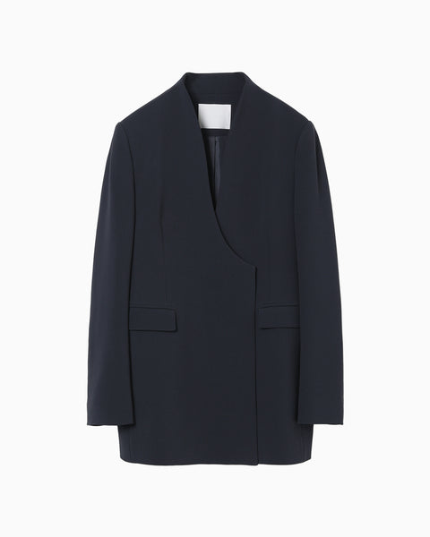 Acetate Polyester Collarless Double Breasted Suit Jacket - navy