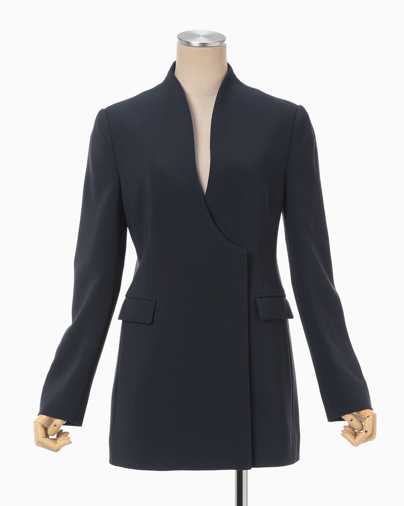 Acetate Polyester Collarless Double Breasted Suit Jacket - navy