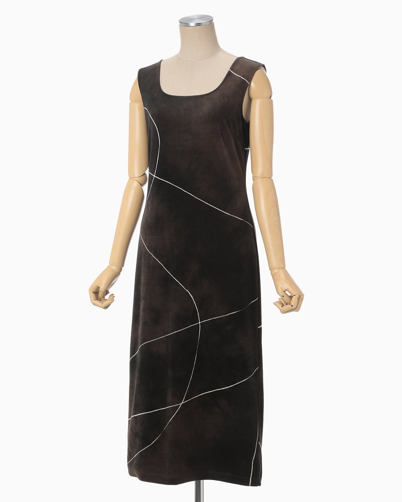 "Kintsugi" Velour Jersey Square Neck Sleeveless Dress - brown