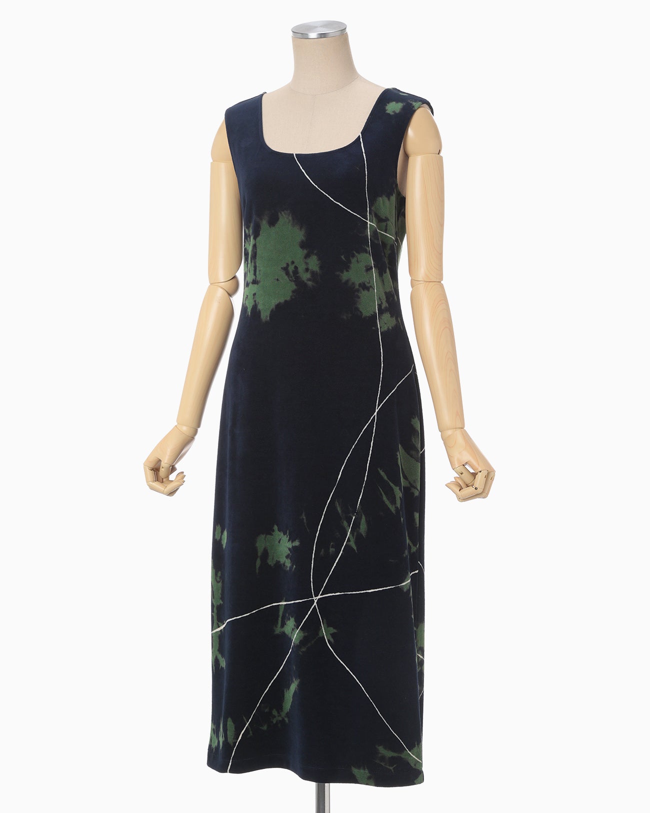 "Kintsugi" Velour Jersey Square Neck Sleeveless Dress - navy