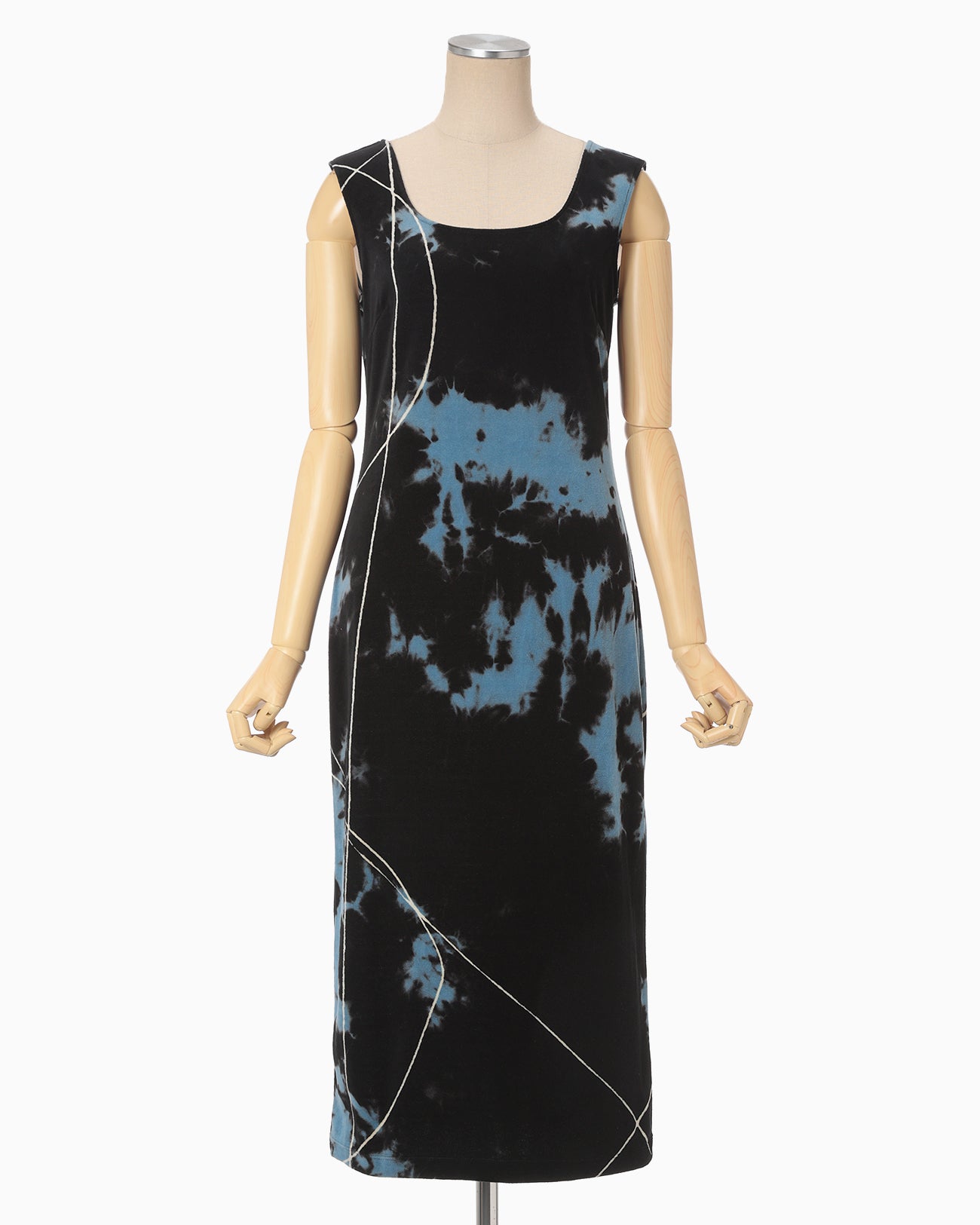 "Kintsugi" Velour Jersey Square Neck Sleeveless Dress - black