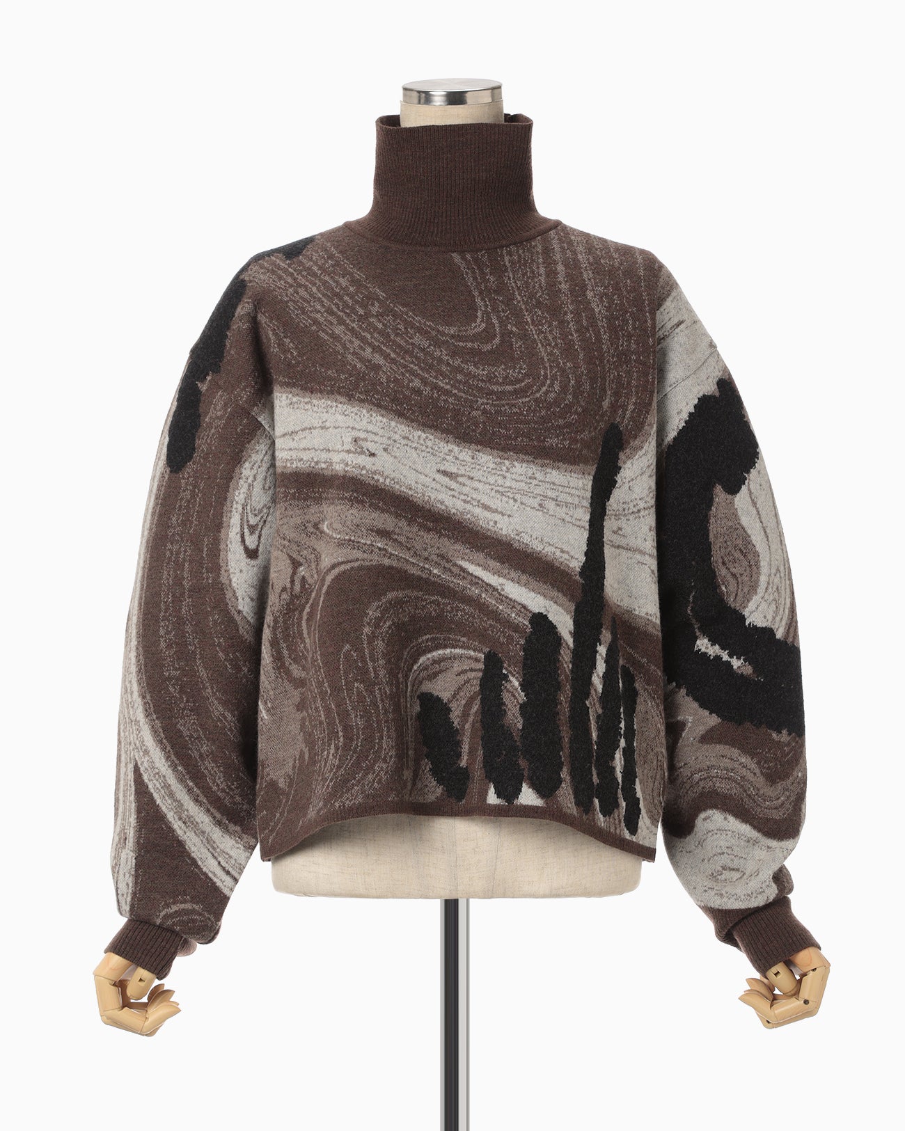 Marble Pattern High Neck Knitted Top - brown