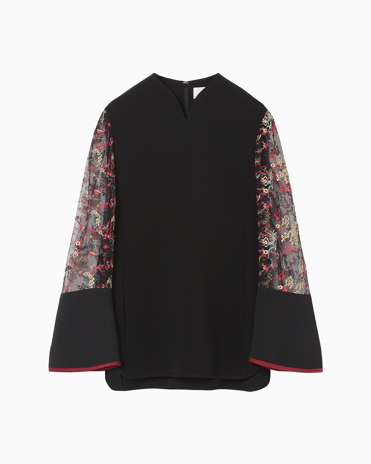 Acetate Polyester Floral Lace-Sleeve Shirt - black