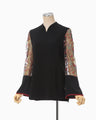 Acetate Polyester Floral Lace-Sleeve Shirt - black