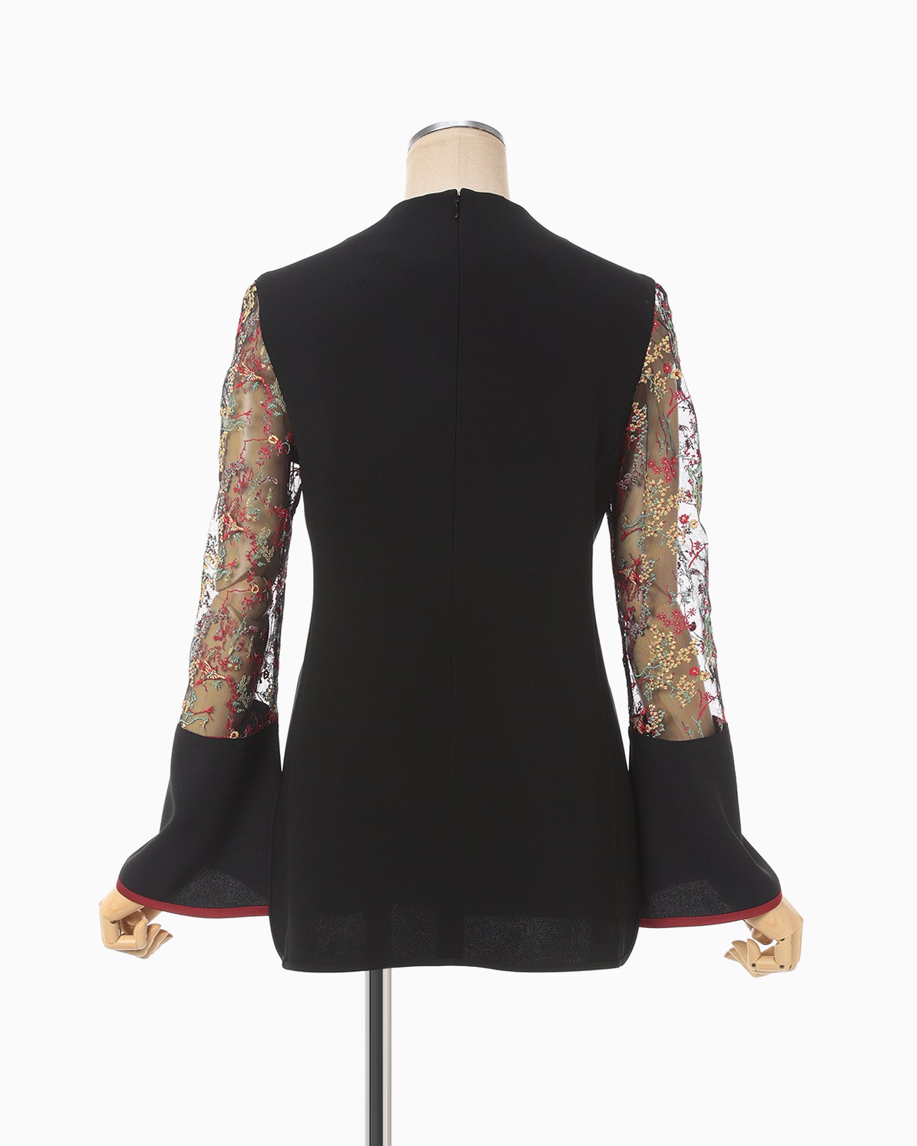 Acetate Polyester Floral Lace-Sleeve Shirt - black