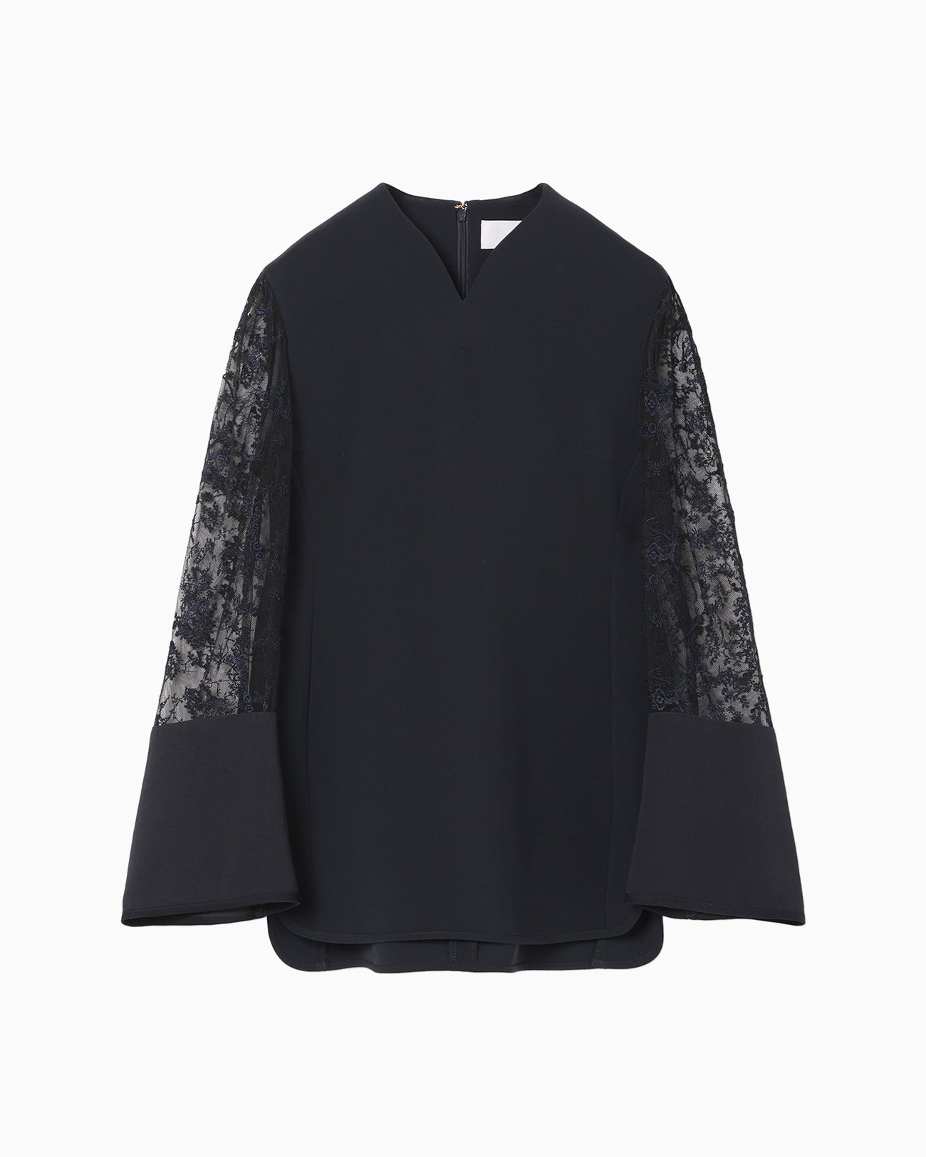 Acetate Polyester Floral Lace-Sleeve Shirt - navy