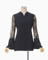 Acetate Polyester Floral Lace-Sleeve Shirt - navy