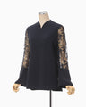 Acetate Polyester Floral Lace-Sleeve Shirt - navy