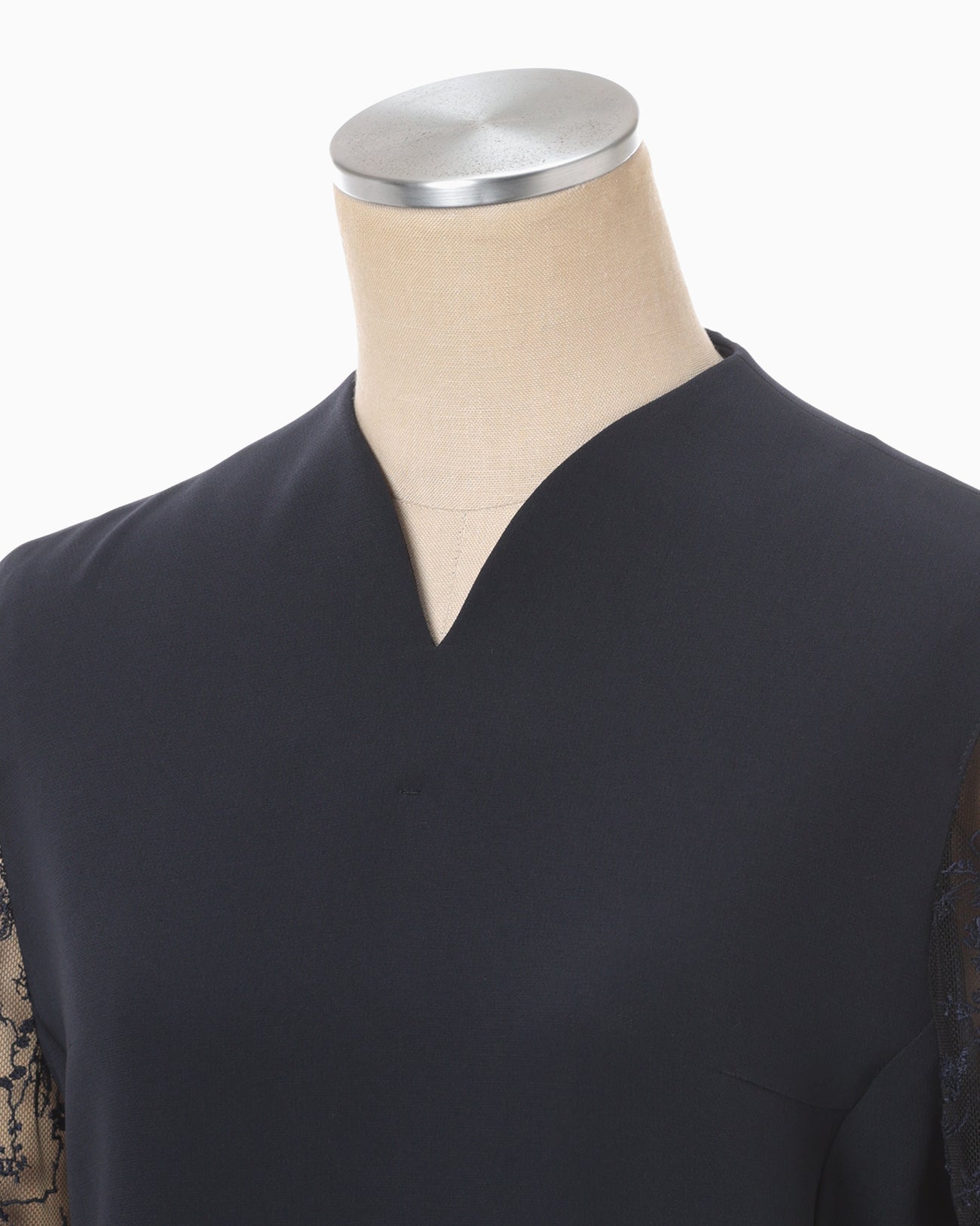 Acetate Polyester Floral Lace-Sleeve Shirt - navy