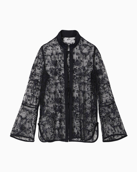 Floral Lace Stand Collar Shirt - navy