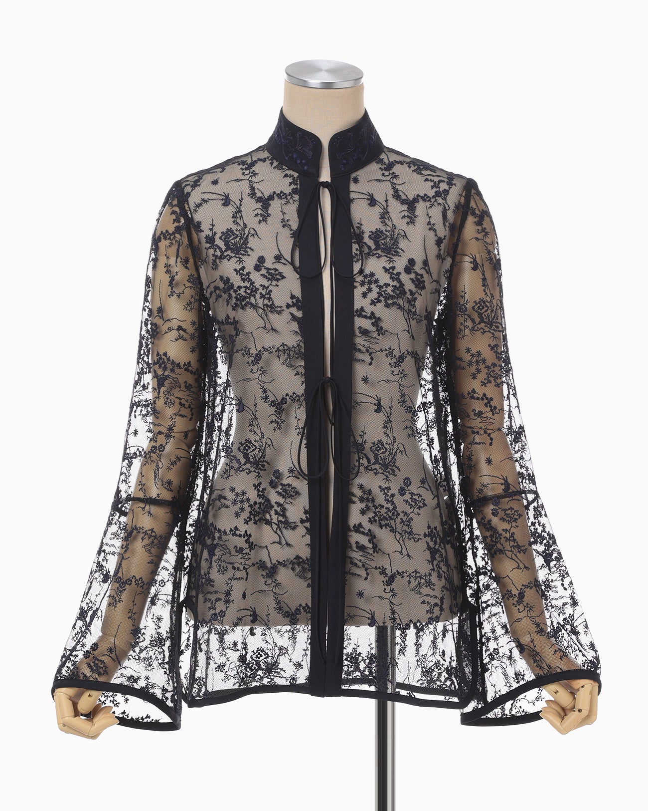 Floral Lace Stand Collar Shirt - navy