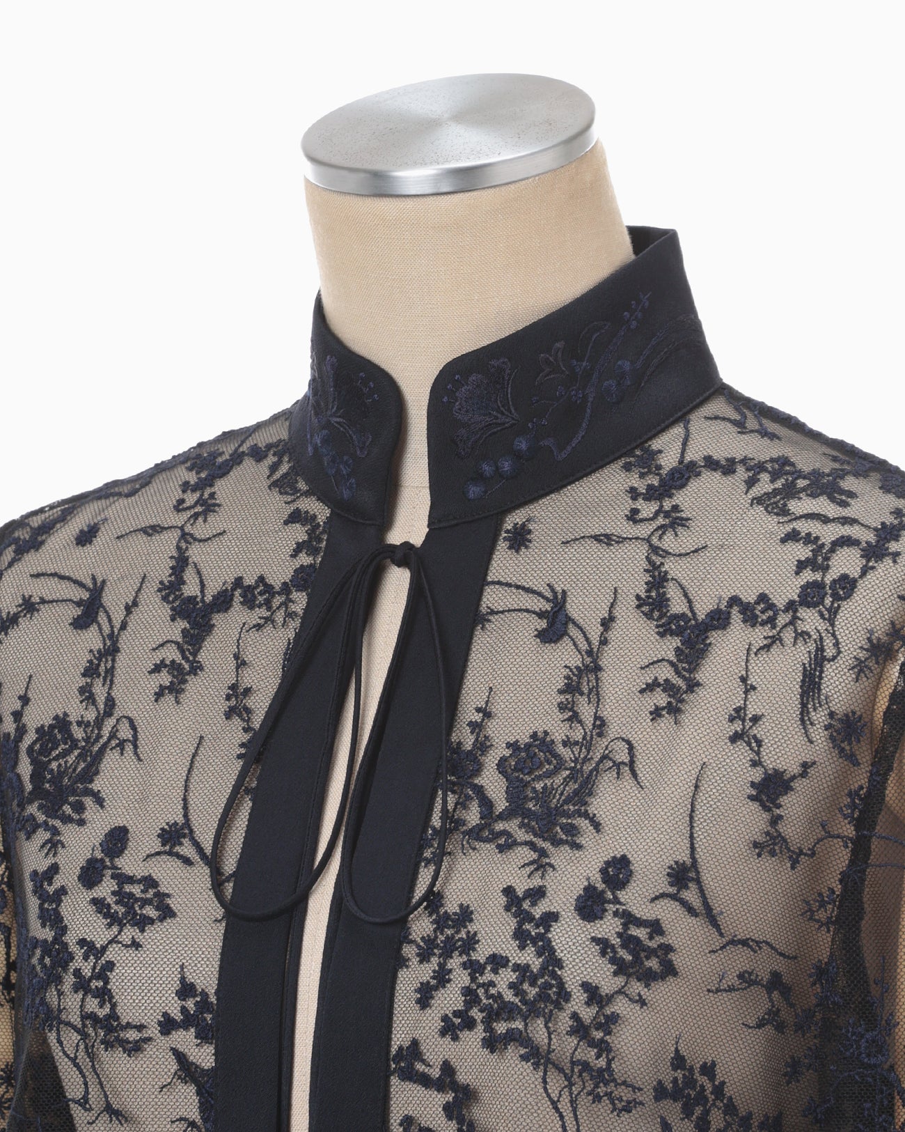 Floral Lace Stand Collar Shirt - navy