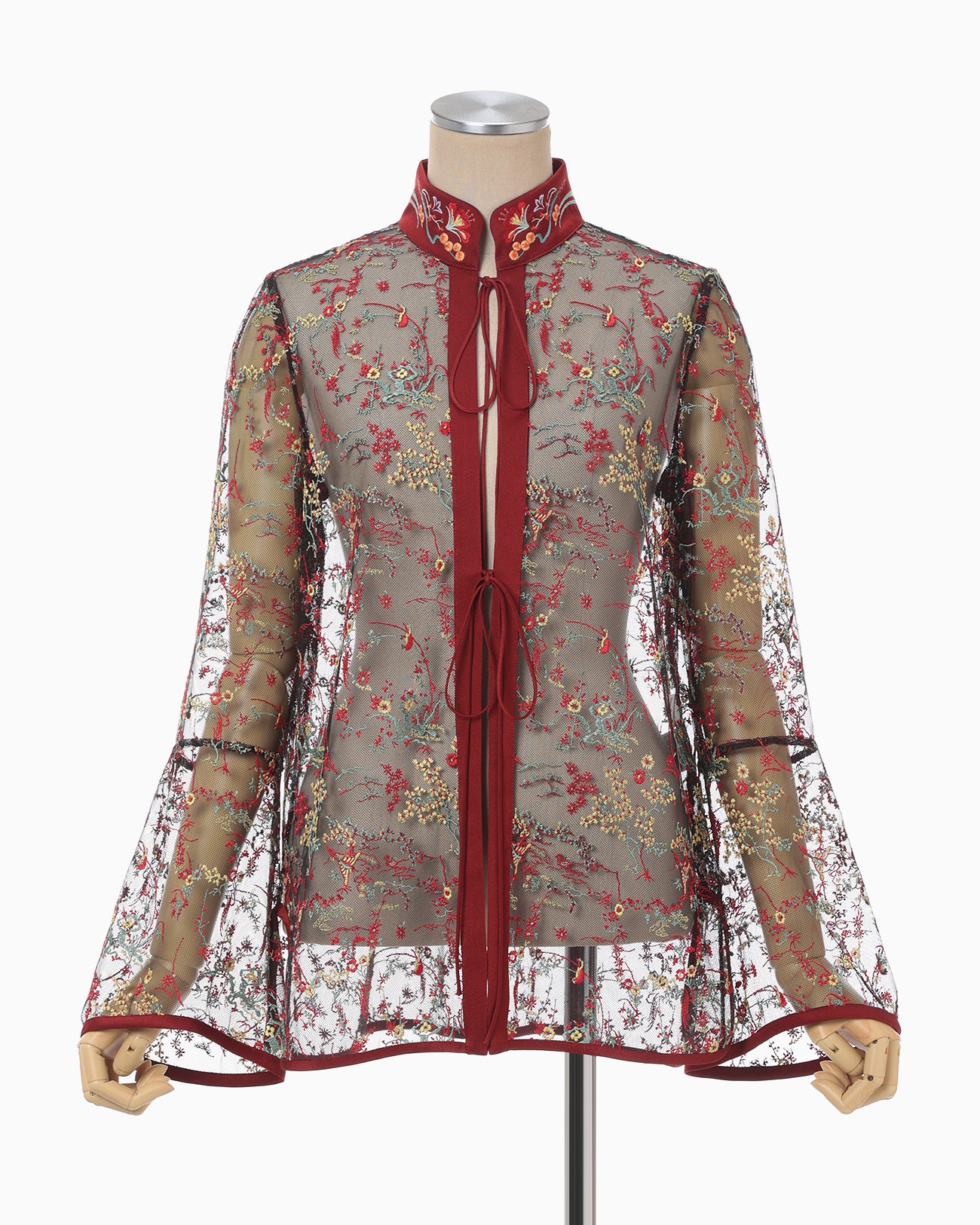 Floral Lace Stand Collar Shirt - vermillion