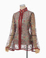 Floral Lace Stand Collar Shirt - vermillion