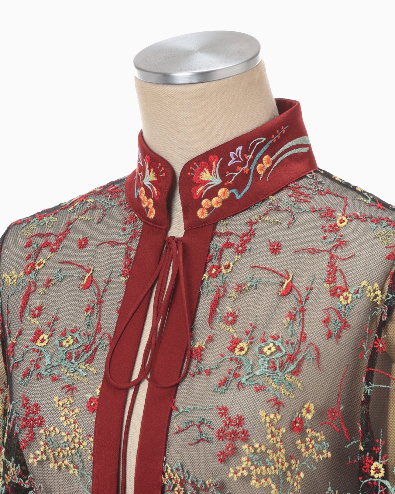 Floral Lace Stand Collar Shirt - vermillion