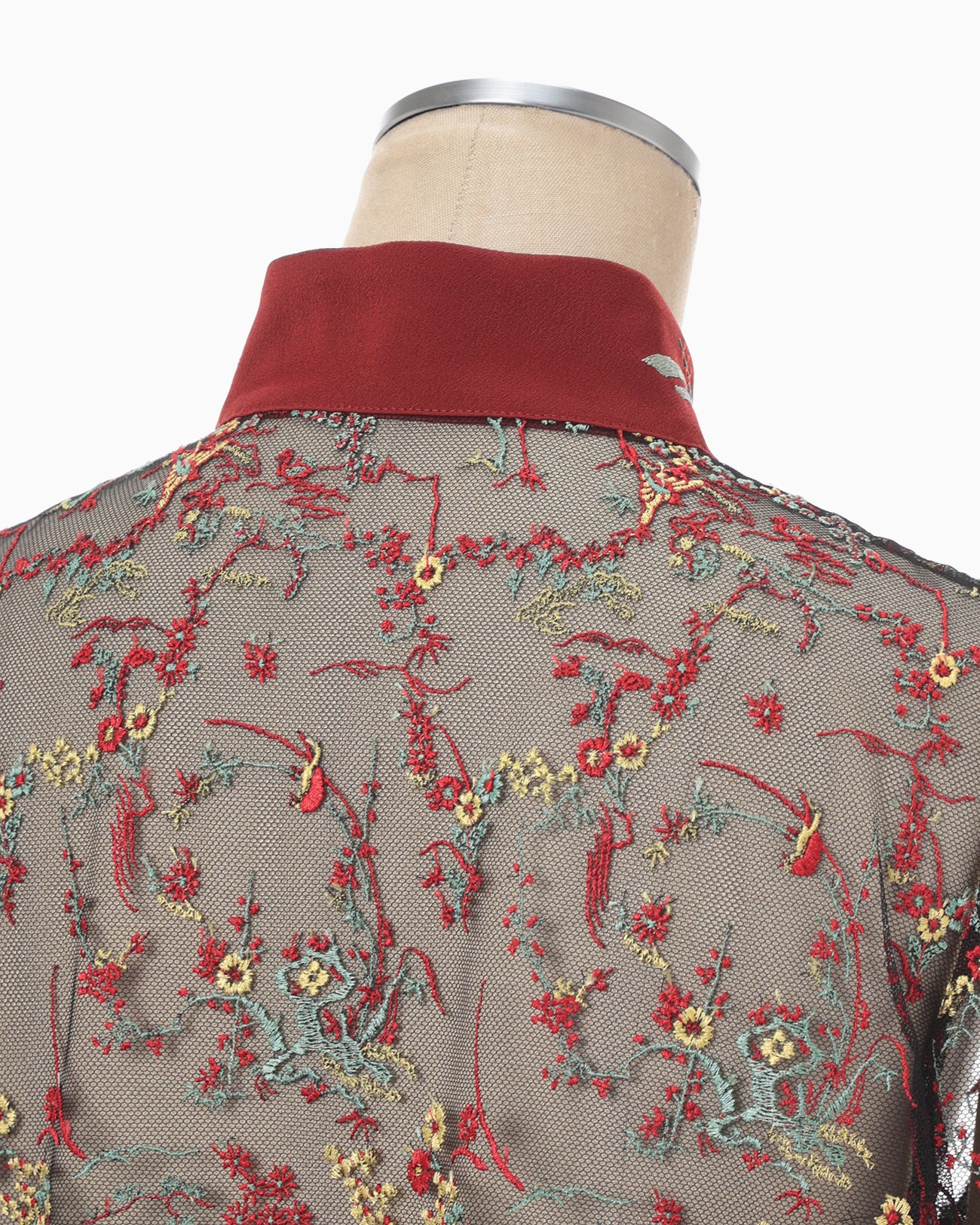 Floral Lace Stand Collar Shirt - vermillion