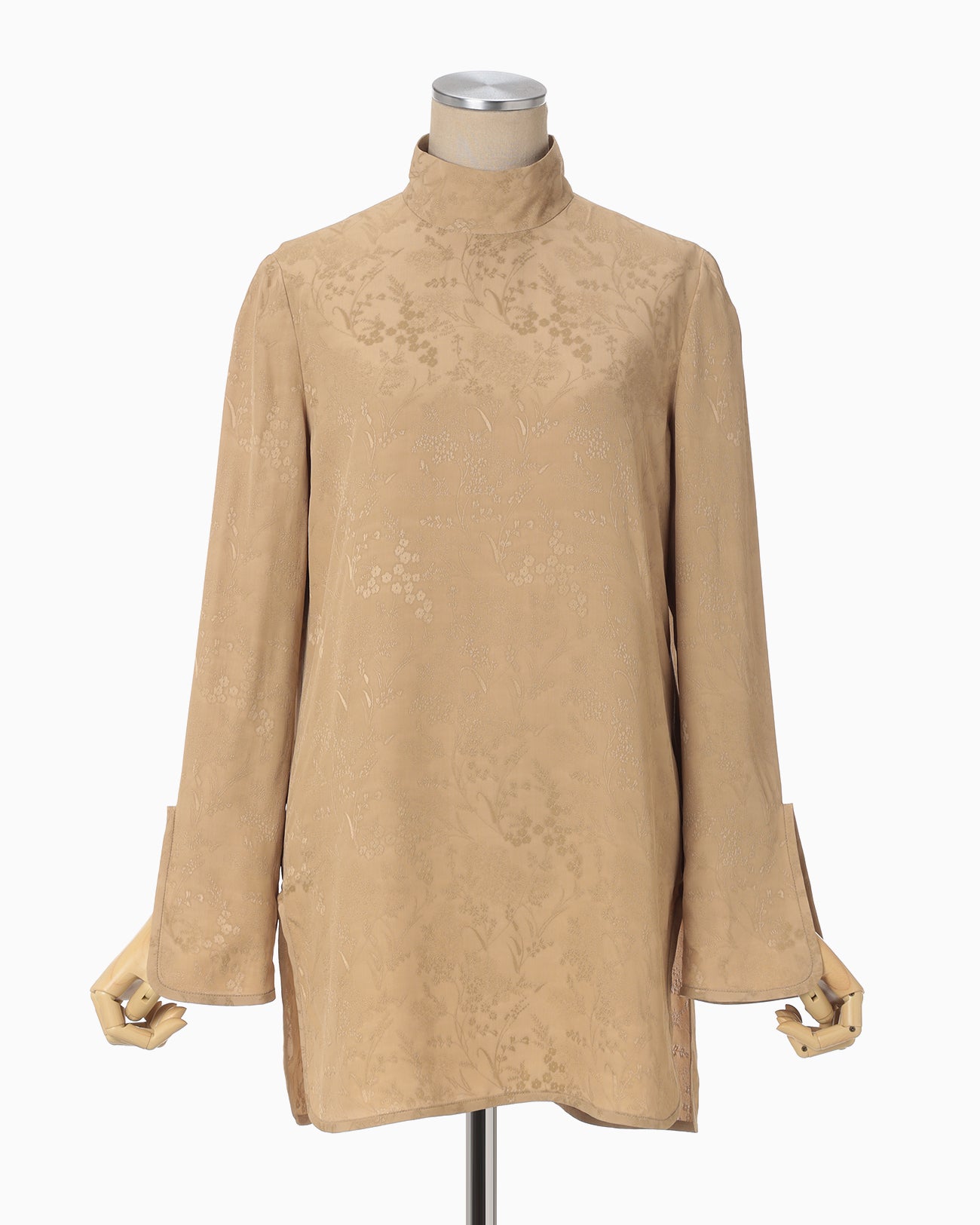 Floral Jacquard High Neck Blouse - beige