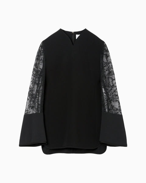 Acetate Polyester Floral Lace-Sleeve Shirt - black × black