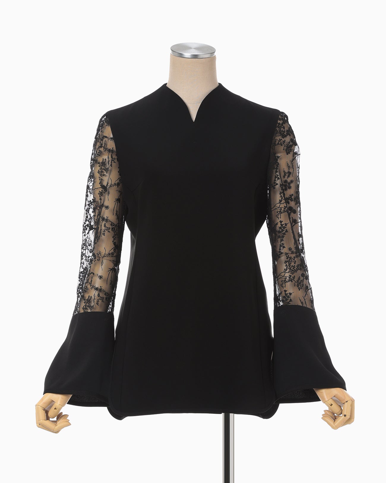 Acetate Polyester Floral Lace-Sleeve Shirt - black × black