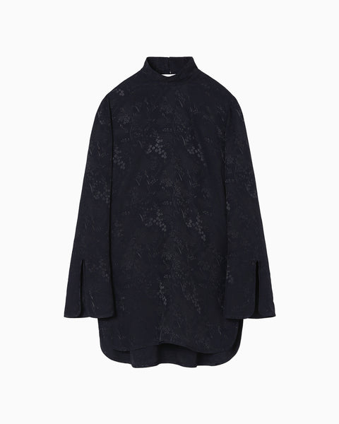 Floral Jacquard High Neck Blouse - navy