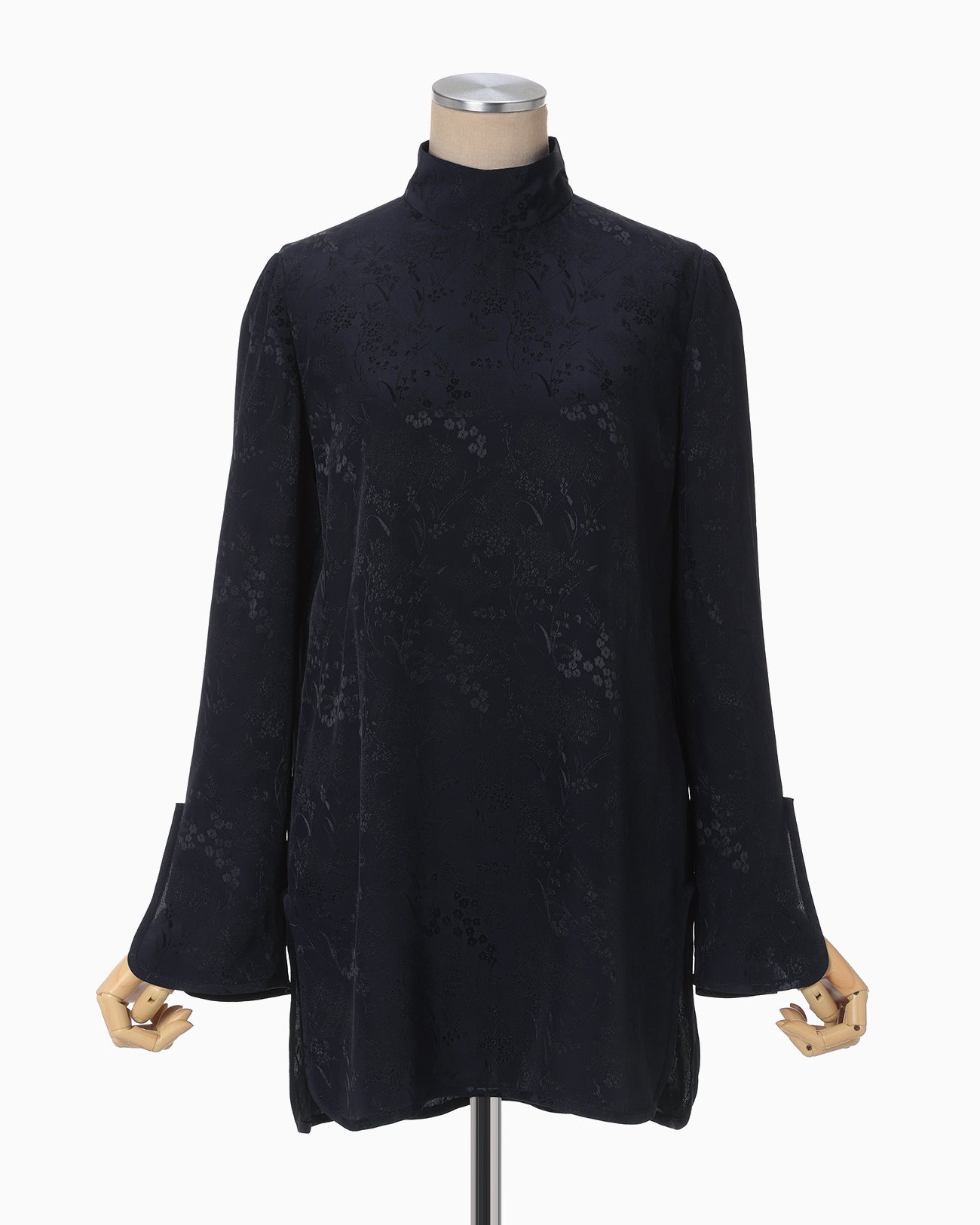 Floral Jacquard High Neck Blouse - navy