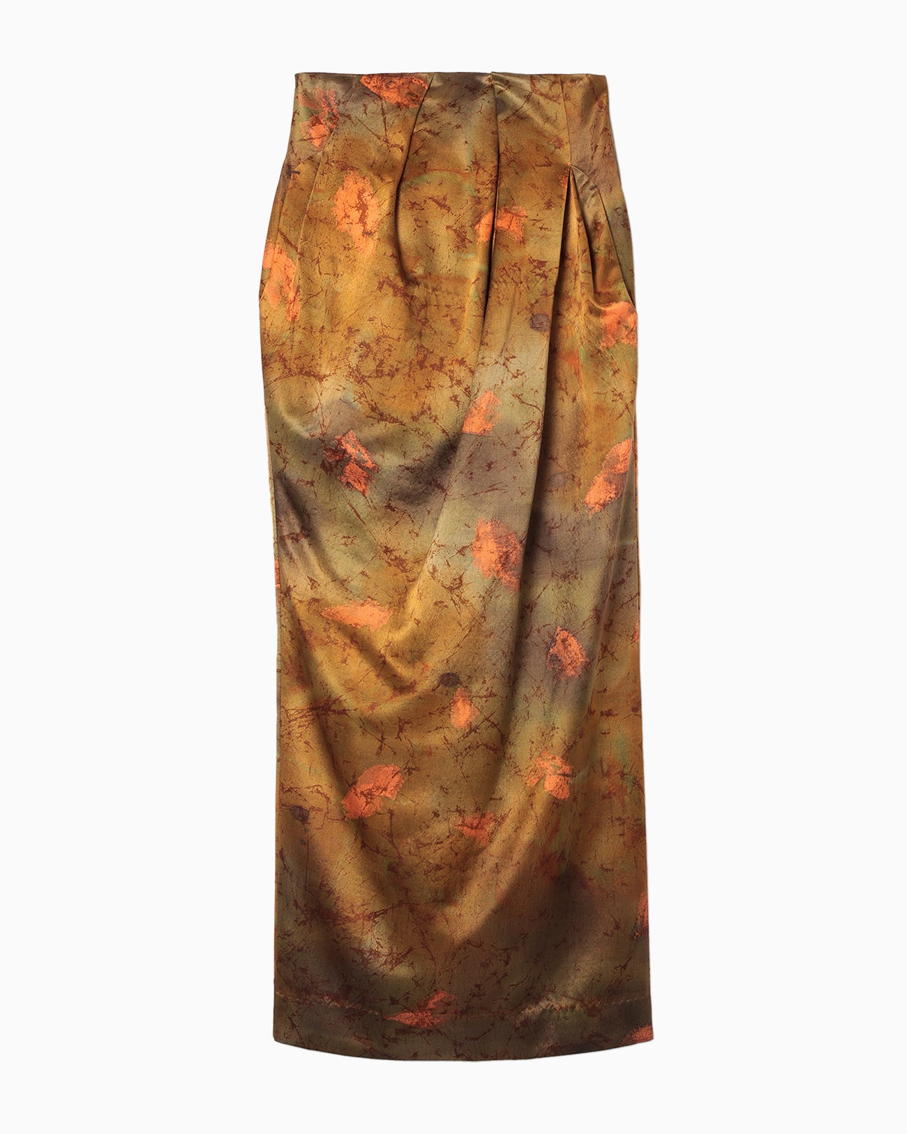 Silk Wool Satin Hand Painted Tucked Waist Skirt - brown