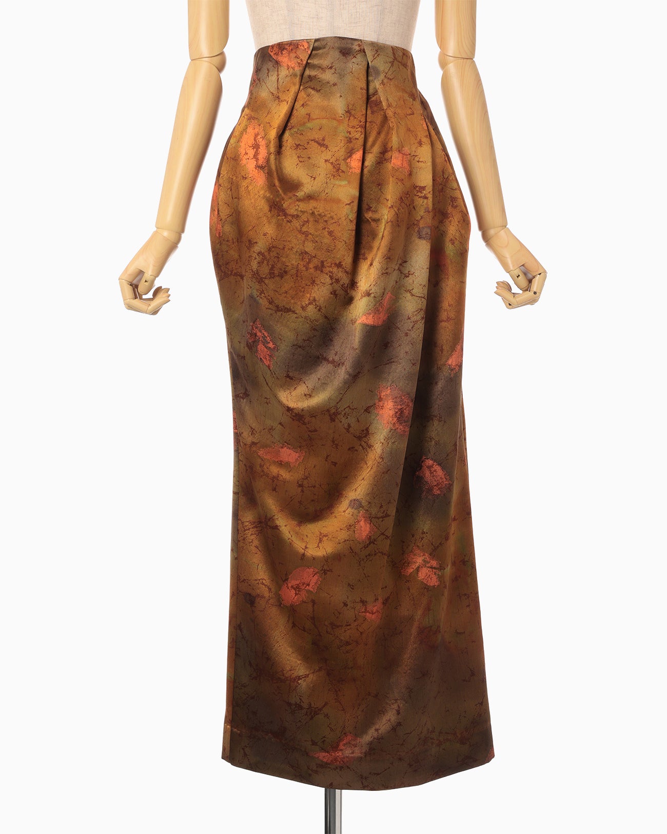 Silk Wool Satin Hand Painted Tucked Waist Skirt - brown