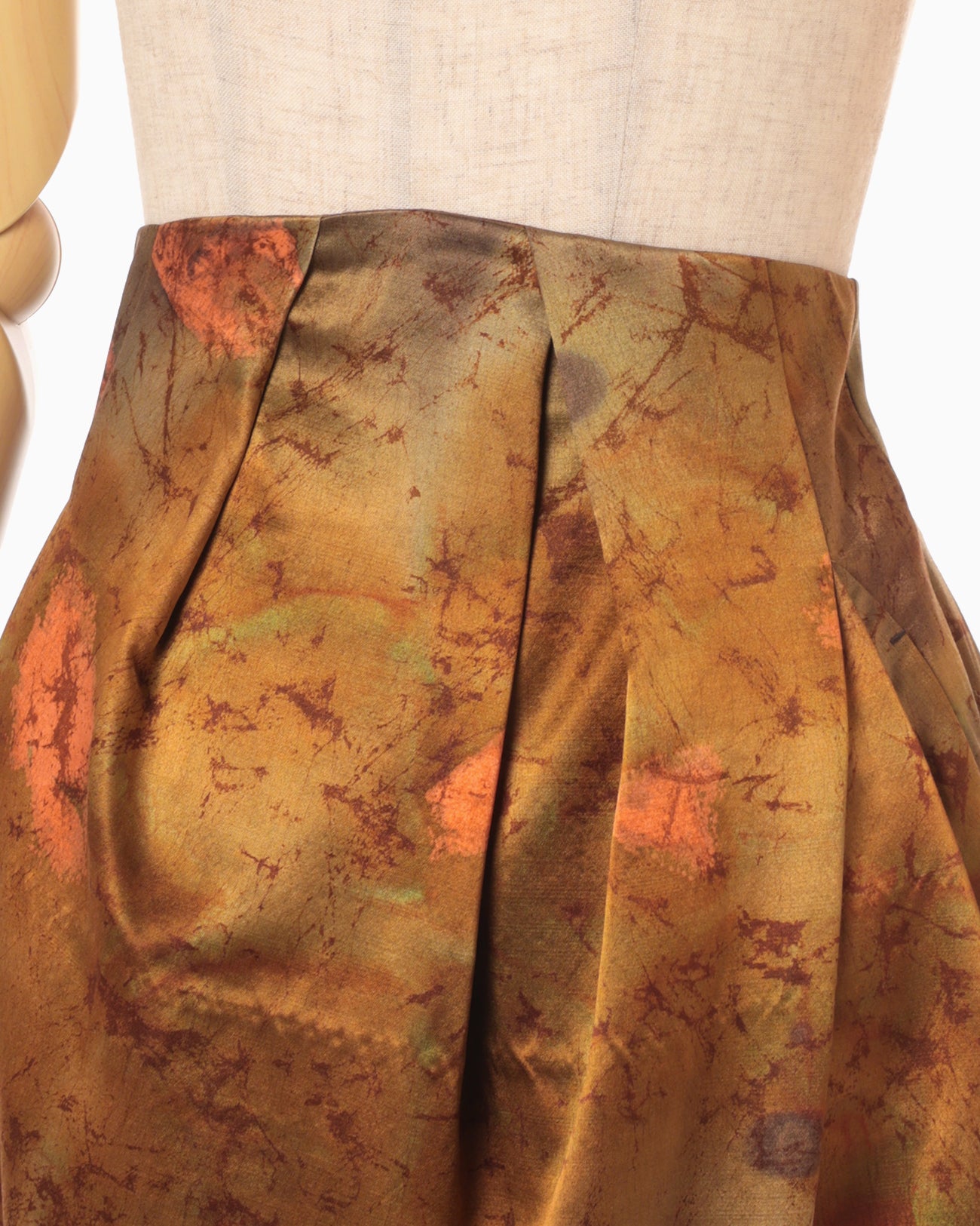 Silk Wool Satin Hand Painted Tucked Waist Skirt - brown