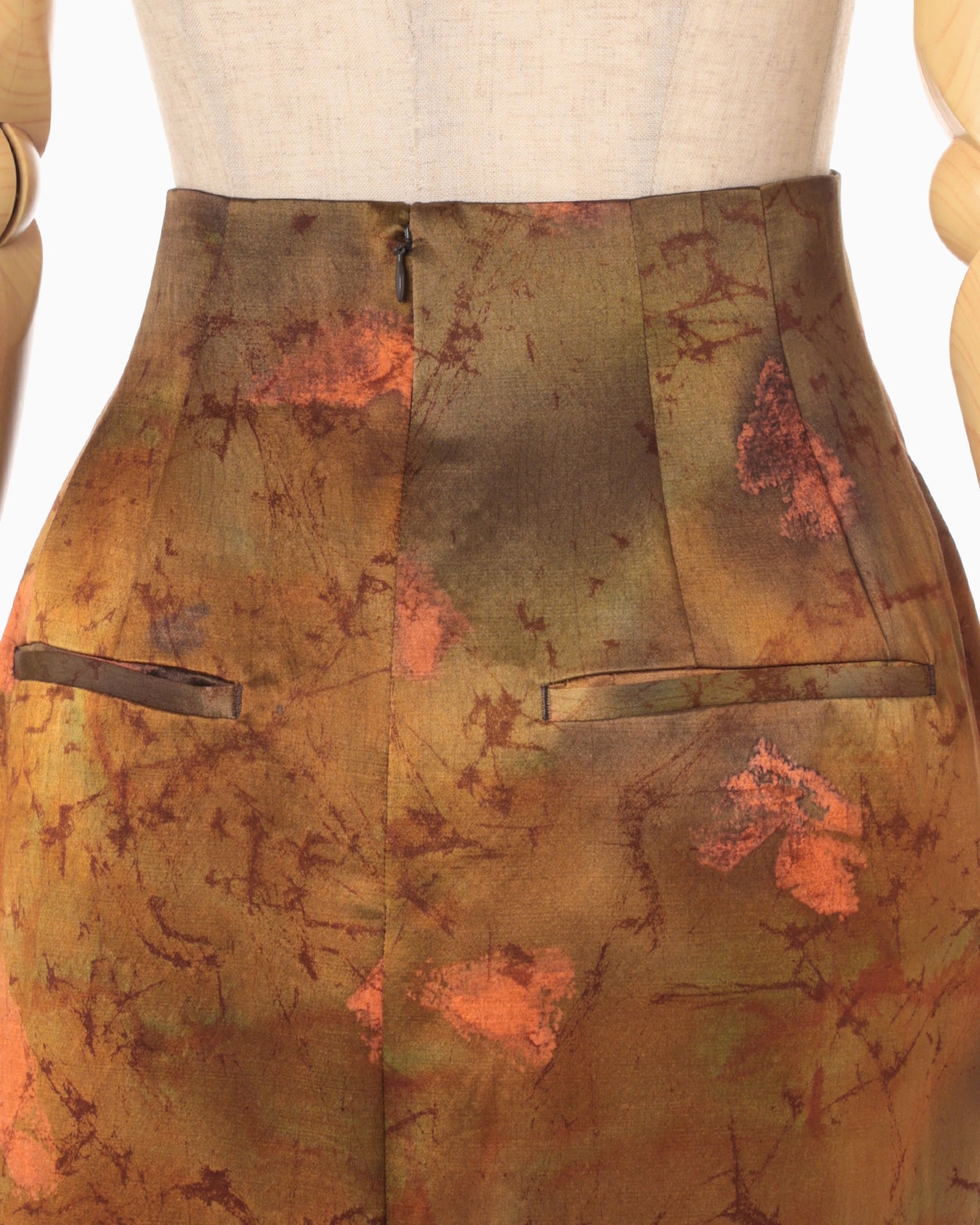 Silk Wool Satin Hand Painted Tucked Waist Skirt - brown