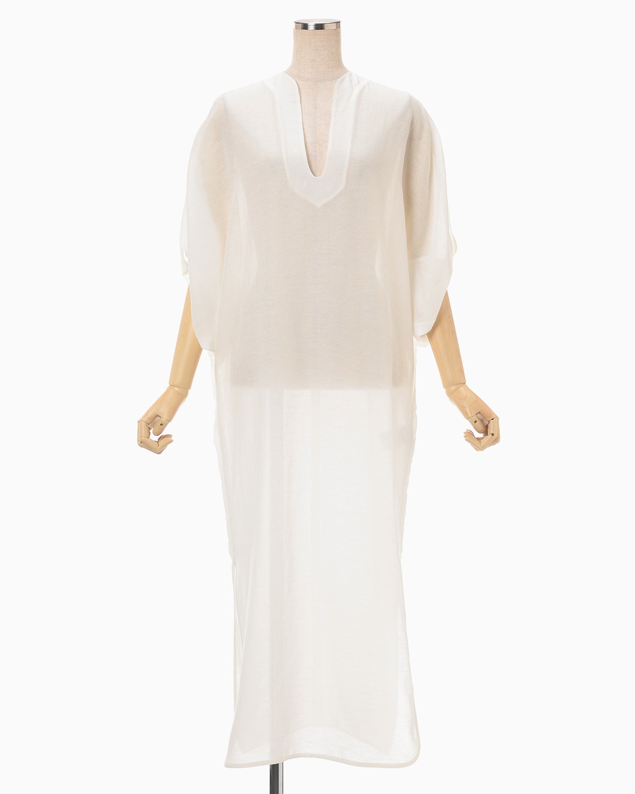 Botanical Motif Sheer Deep V-Neck Dress - white