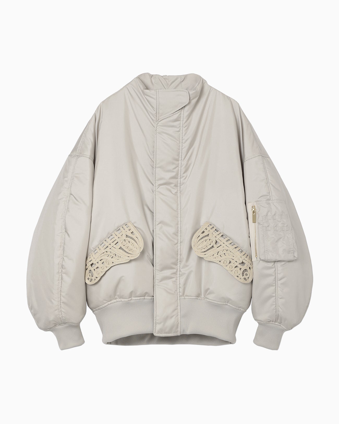 Cording Embroidery Collarless Flight Jacket - ecru