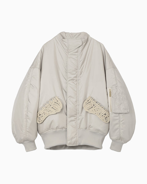 Cording Embroidery Collarless Flight Jacket - ecru