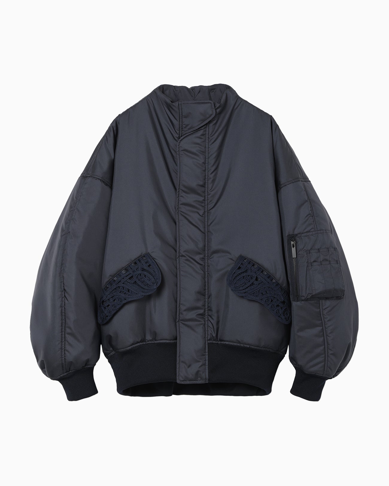 Cording Embroidery Collarless Flight Jacket - navy