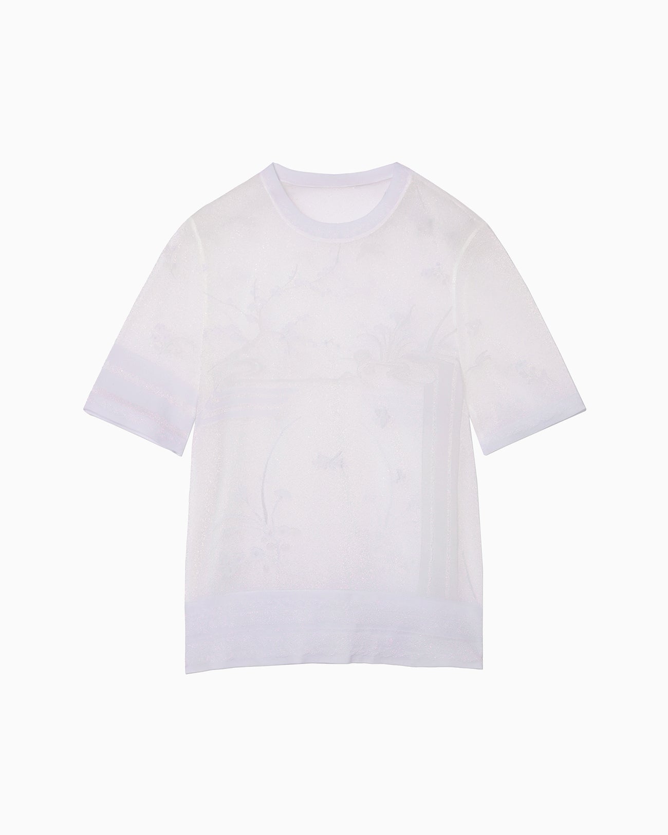 Nature Pattern Sheer Knitted Crew Neck Top - white