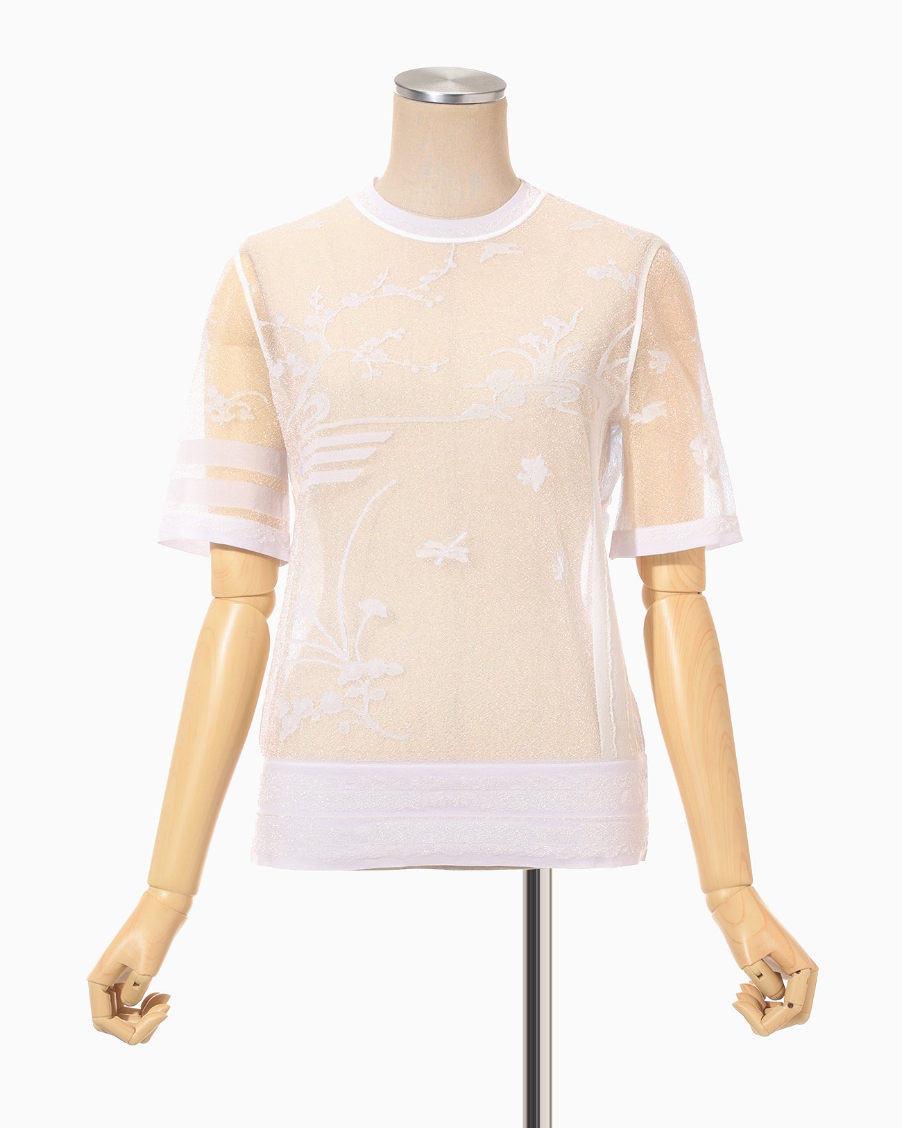 Nature Pattern Sheer Knitted Crew Neck Top - white