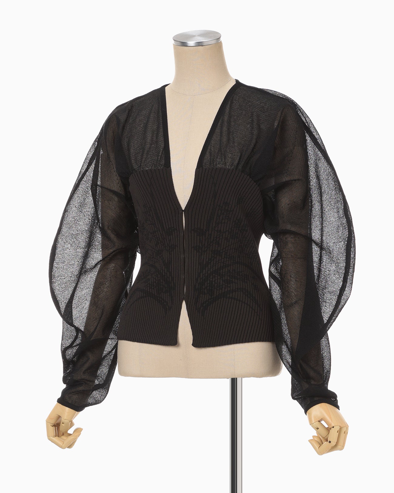 Sheer Rounded Sleeve Knitted Cardigan - black