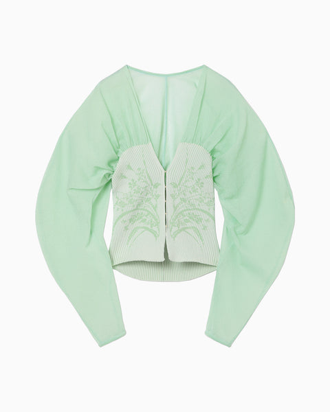 Sheer Rounded Sleeve Knitted Cardigan - light green