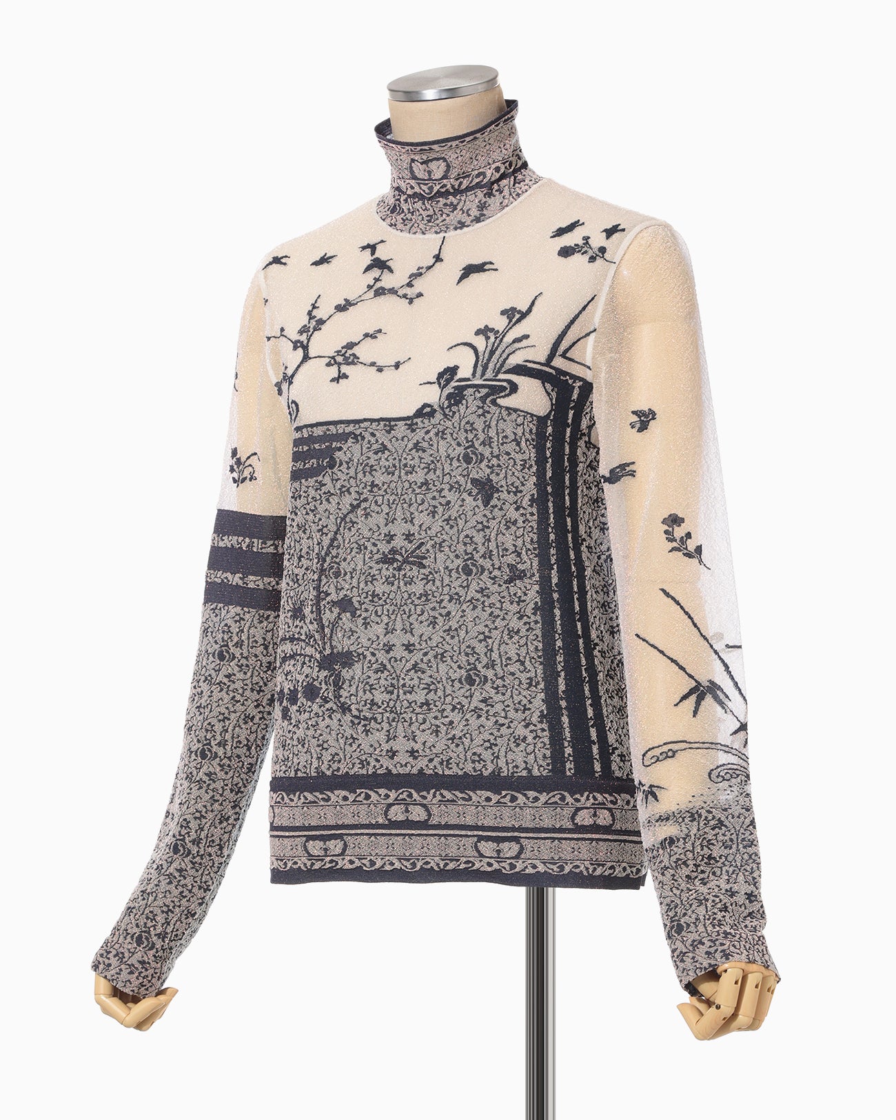 Nature Pattern Sheer Knitted High Neck Top - navy