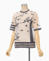 Nature Pattern Sheer Knitted Crew Neck Top - navy