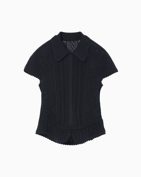 Lace Stripe Knitted Top - navy